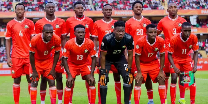 Harambee Stars players pose for a picture ahead of their game against Madagascar at Moi Stadium, Kasarani on August 22, 2025. Photo Harambee Stars