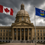 Alberta and Canadian flags in Edmonton following the preliminary referendum vote against pursuing independence.