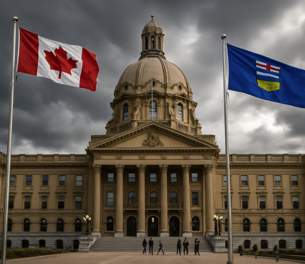 Alberta and Canadian flags in Edmonton following the preliminary referendum vote against pursuing independence.