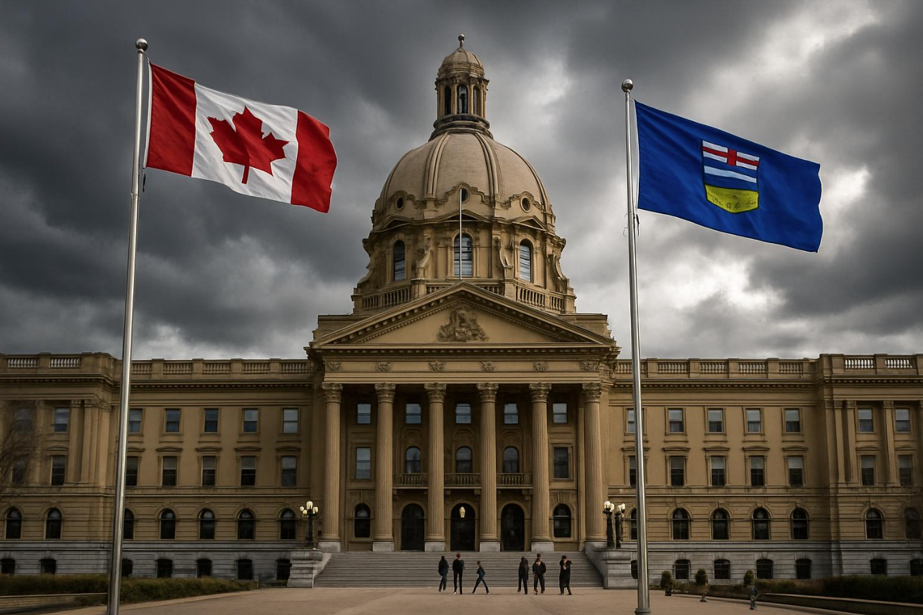Alberta and Canadian flags in Edmonton following the preliminary referendum vote against pursuing independence.